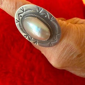 Oval silver and pearl ring